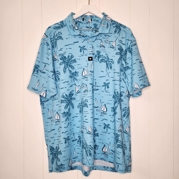 Bad Birdie Blue The Castaway Print Short Sleeve Polo Shirt - Picture 3 of 6